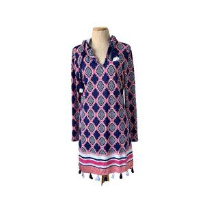 Cabana Life Women's  Sz S Hooded Tunic Cover-Up Dress Navy Pink Print W/ Tassels
